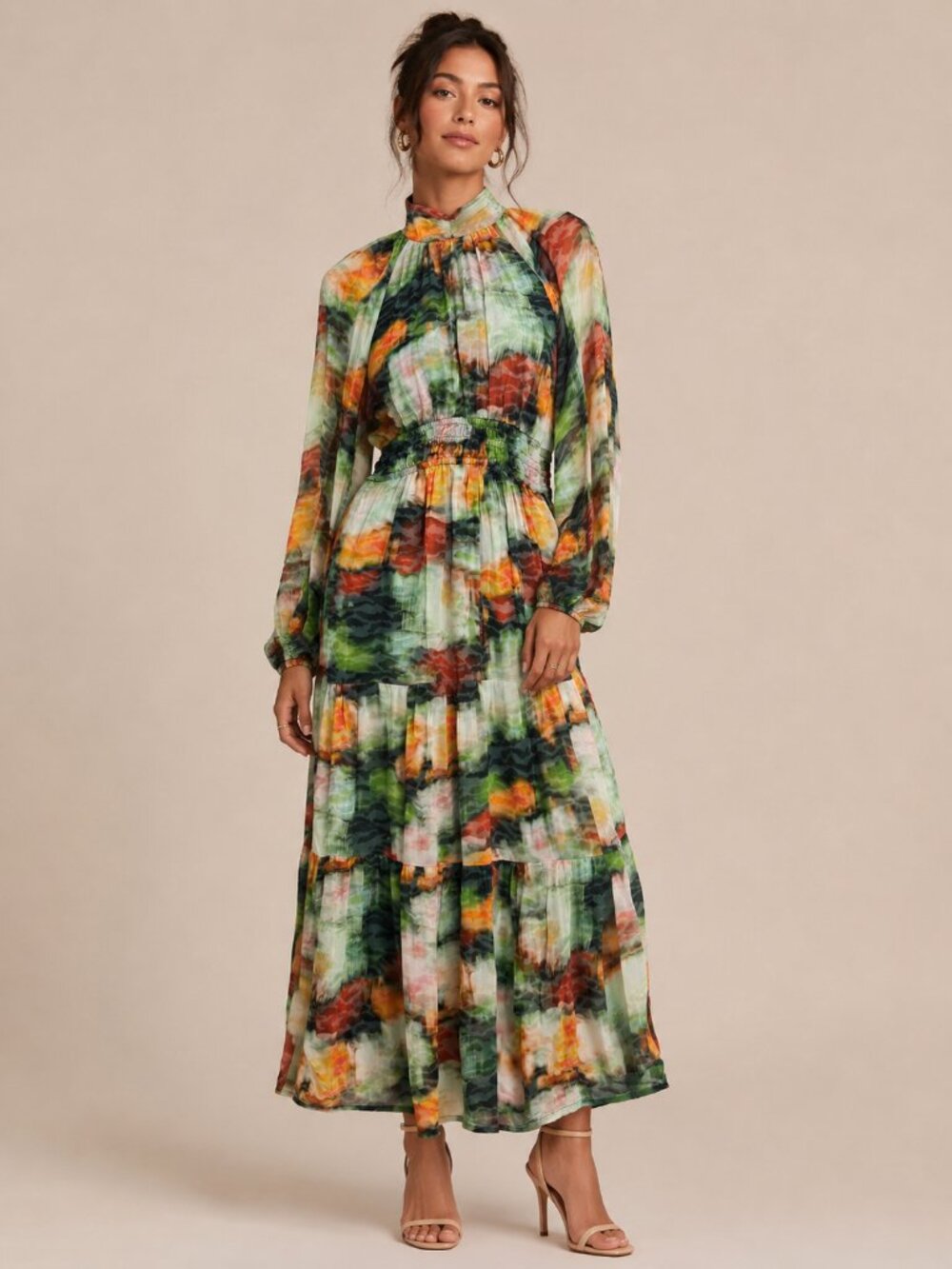 Anthropologie Somerset Long Sleeve Mock Neck Chiffon Maxi Dress Small S Floral
